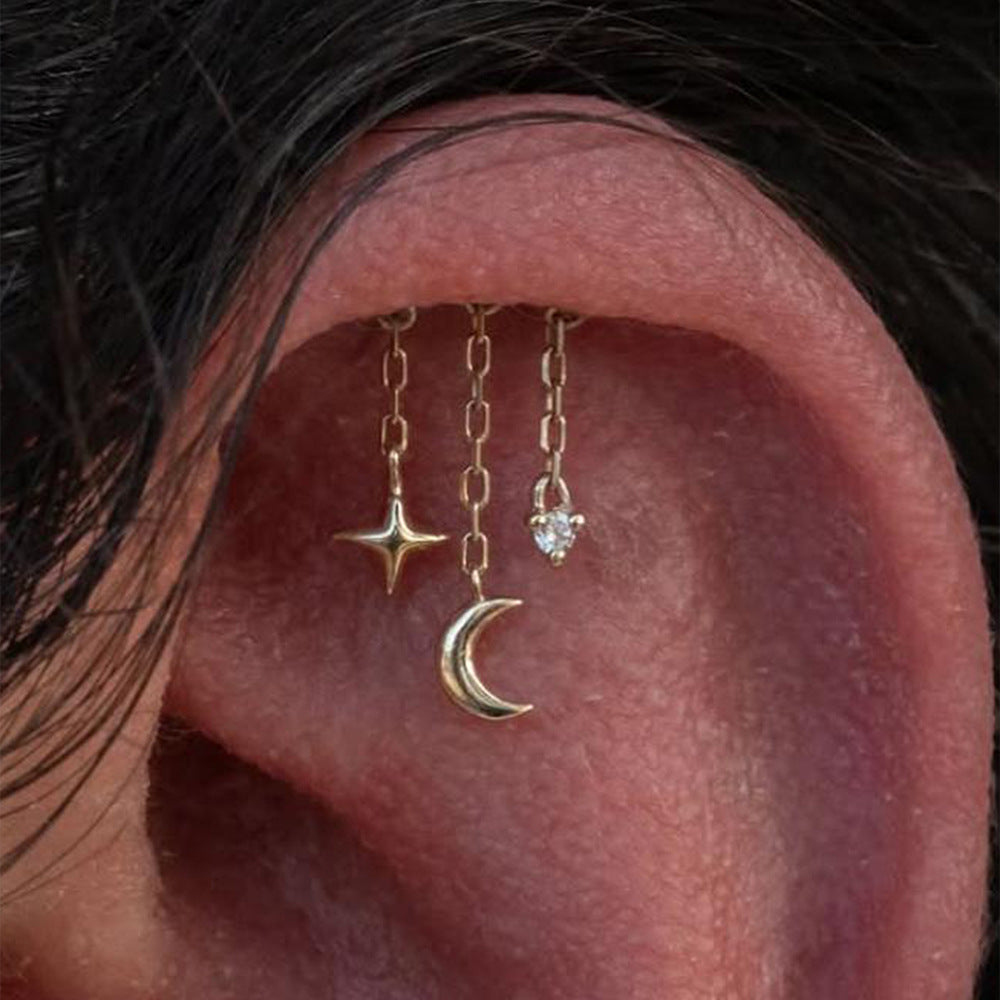 S925 Moon Star Tassel Zircon Ear Piercing Stud