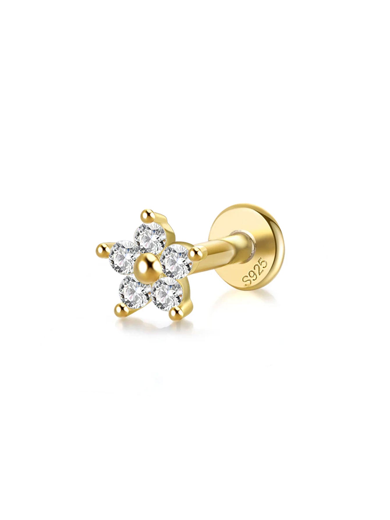 S925 Sterling Silver Flower Zircon Threaded Ear Piercing Stud