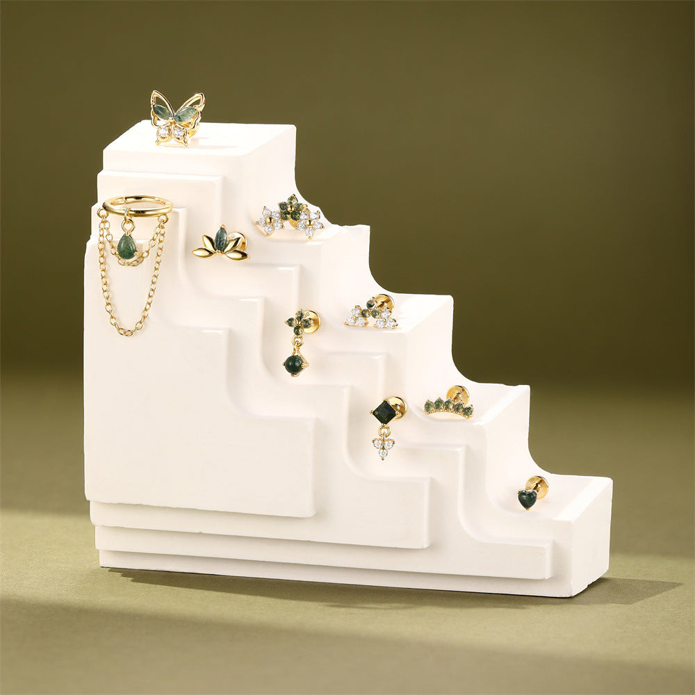 S925 Moss Agate Butterfly Flatback Stud Piercing Earrings Series