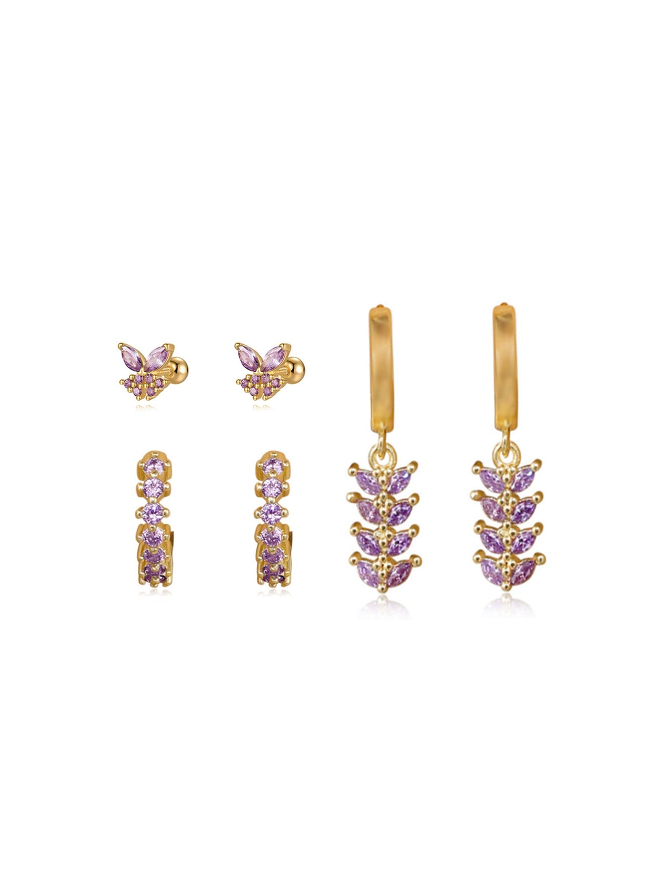 925 Sterling Silver Pink & Purple Butterfly Drop Earrings Set