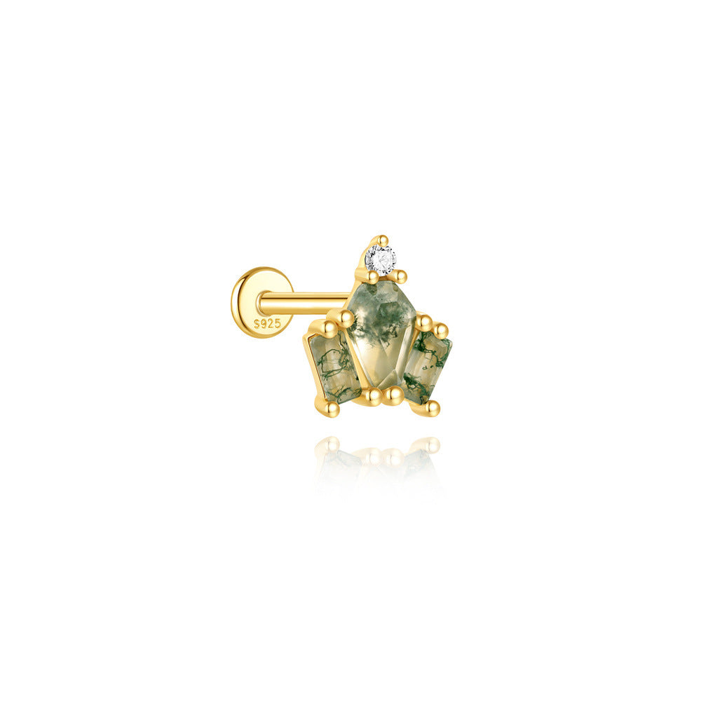 S925 Moss Agate Crown Flatback Piercing Stud Earring