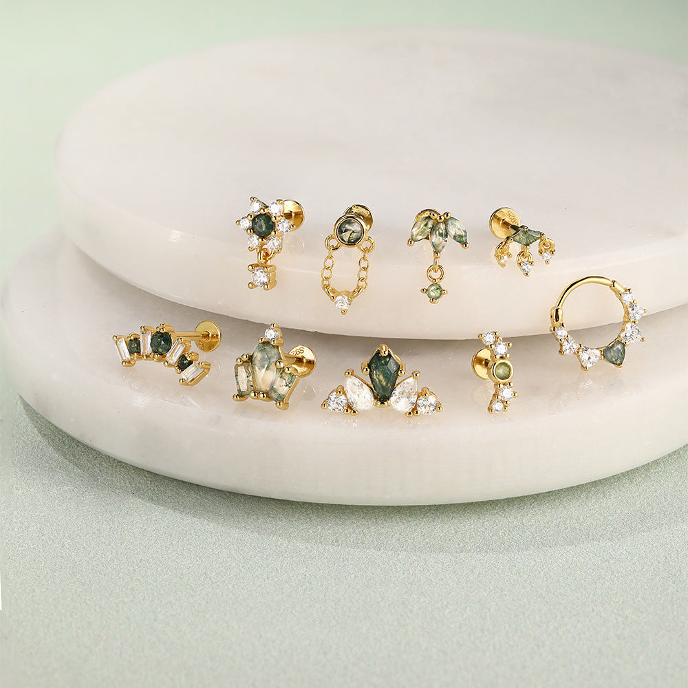 S925 Moss Agate Cluster Flatback Piercing Stud Earring
