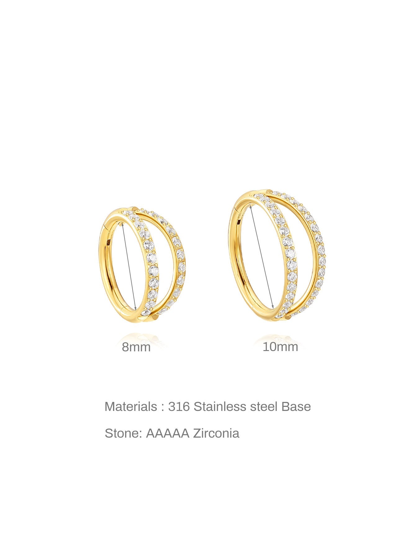 G23 Titanium Waterproof Double Hoop Cartilage Earring 16G – 5A CZ, Multiple Sizes