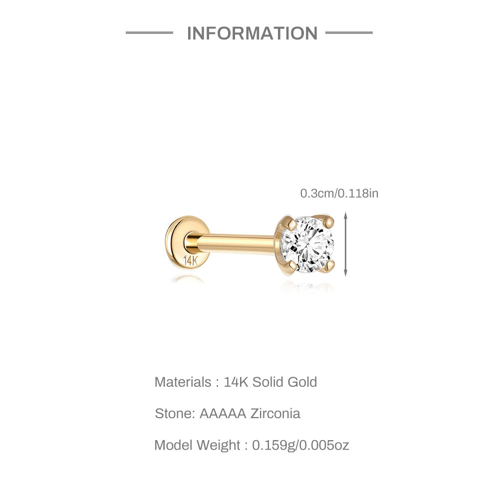 14K Solid Gold Waterproof Zircon Stud Earrings for Cartilage/Piercing