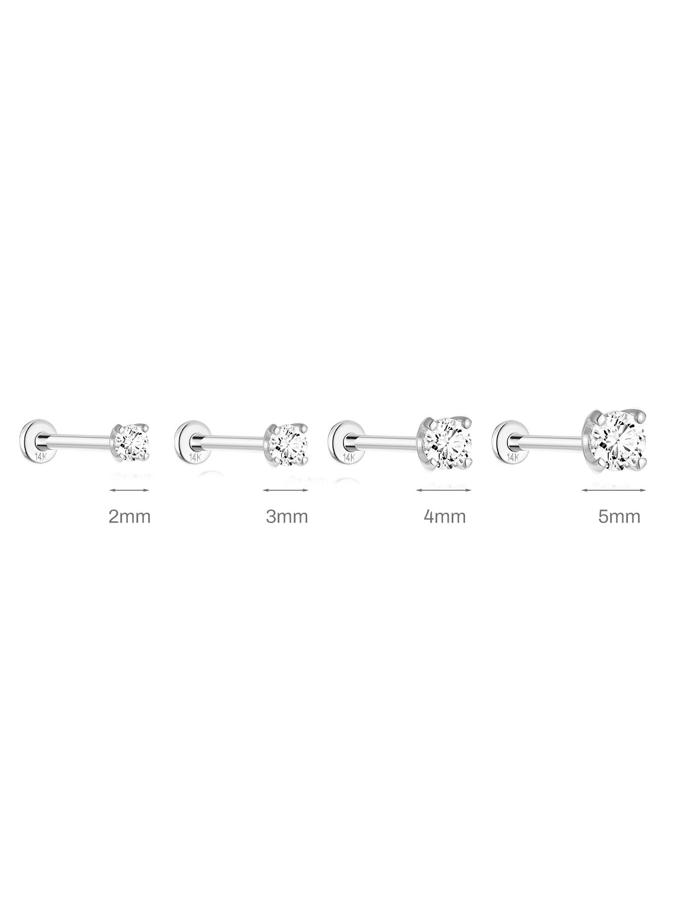 14K Solid Gold Waterproof Zircon Stud Earrings for Cartilage/Piercing