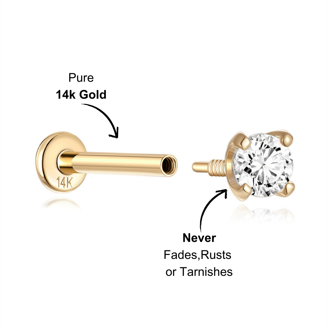 14K Solid Gold Waterproof Zircon Stud Earrings for Cartilage/Piercing