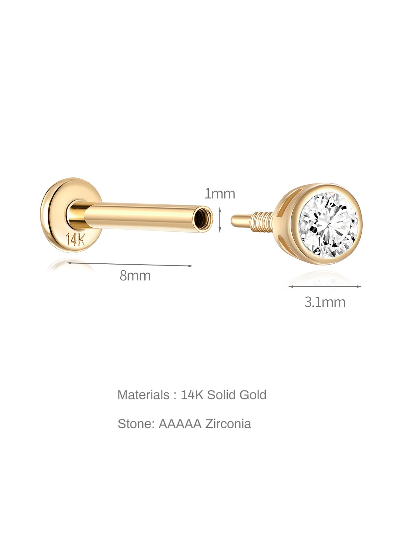 14K Solid Gold Waterproof Threaded Stud Earrings with Zircon