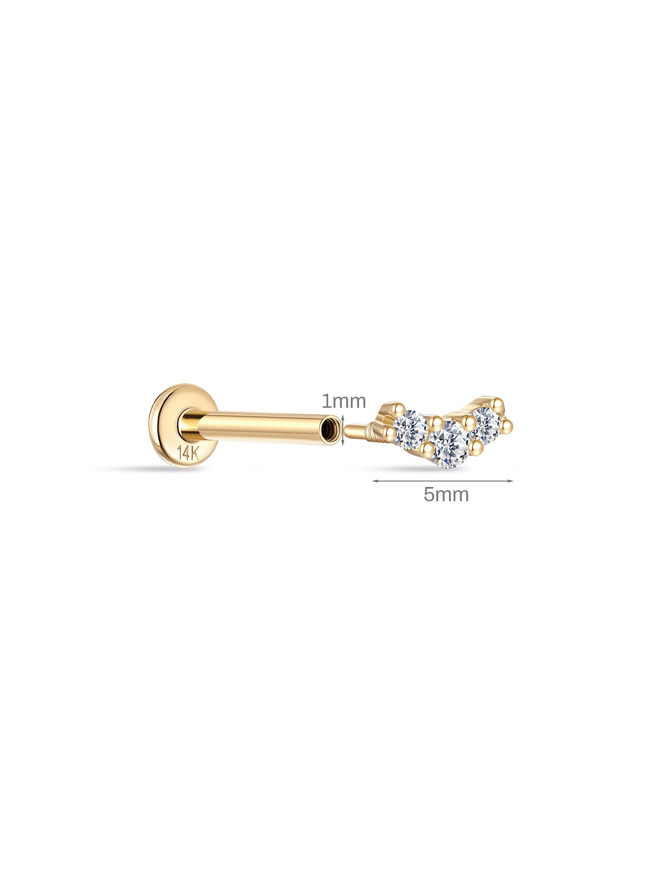 14K Solid Gold Waterproof Micro-Pave Curved Ear Piercing Stud