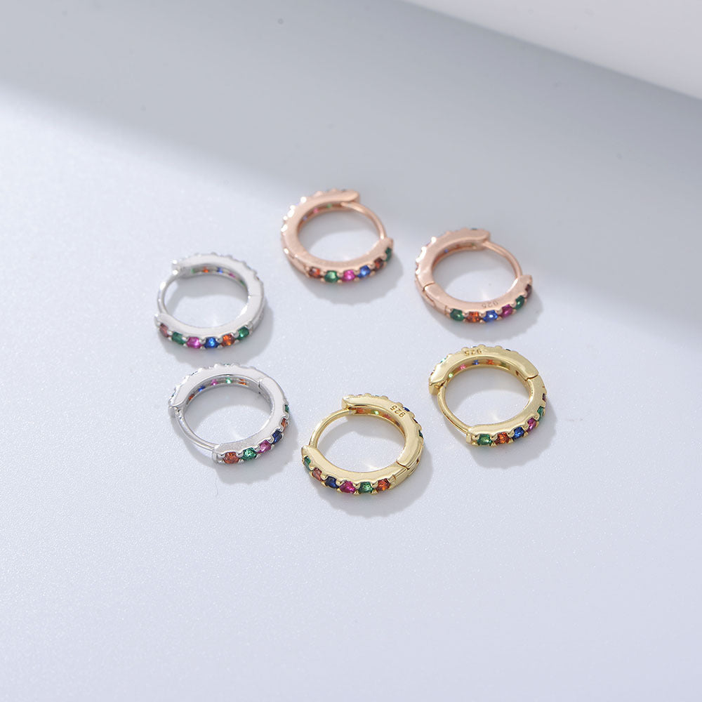 925 Sterling Silver Multicolor Colourful Hoop Huggies Earrings