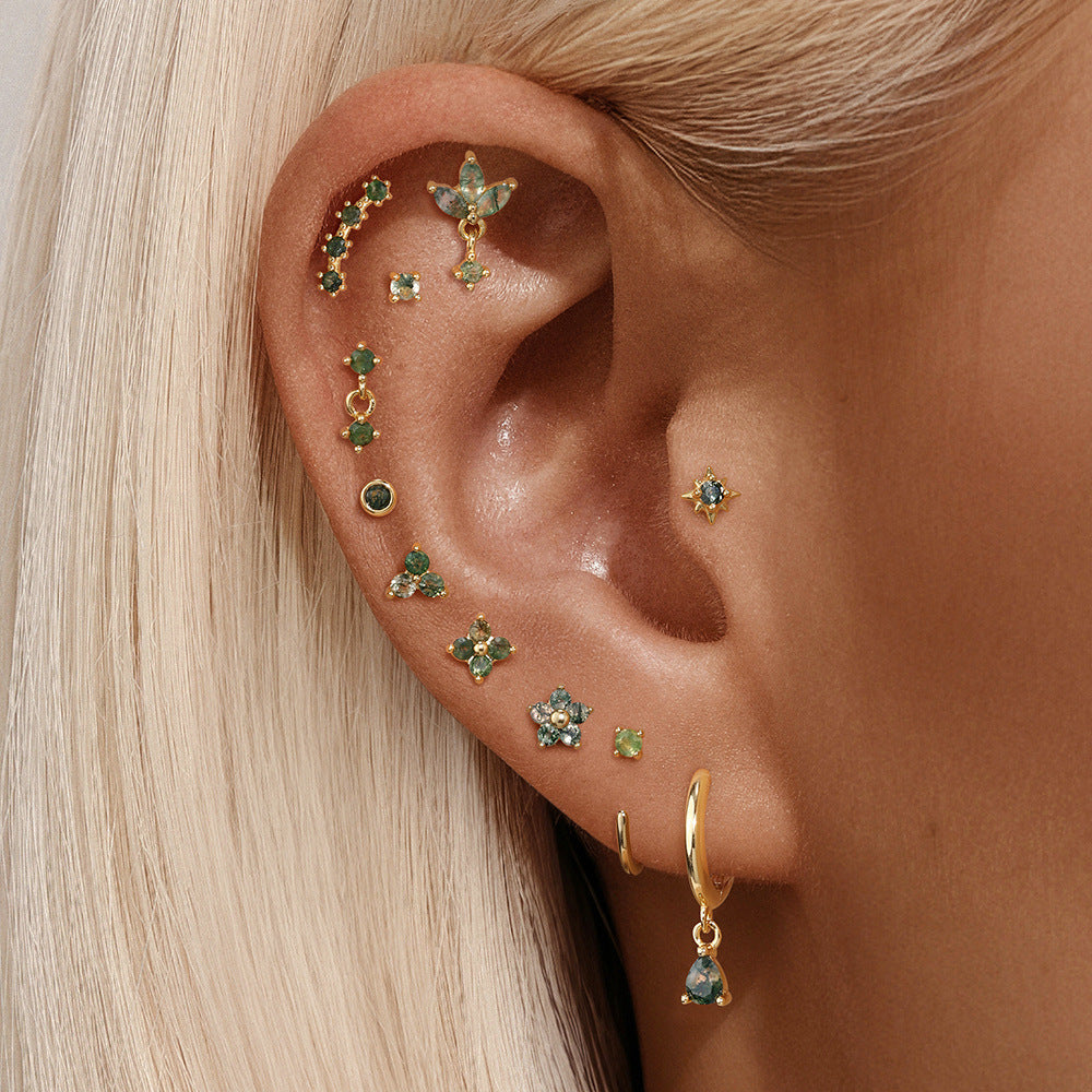 S925 Minimalist Moss Agate Arch Flatback Stud Piercing Earrings