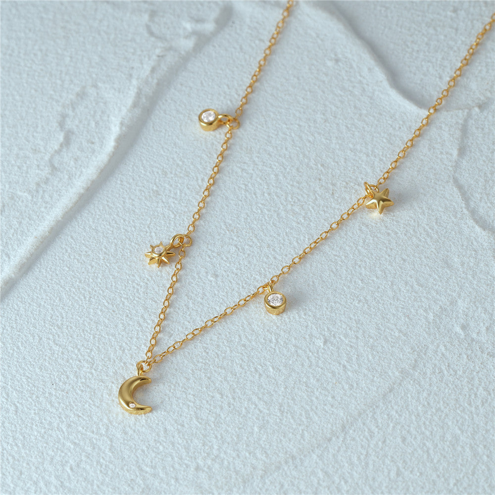 925 Sterling Silver Classic Star Moon Zircon Stacking Necklace