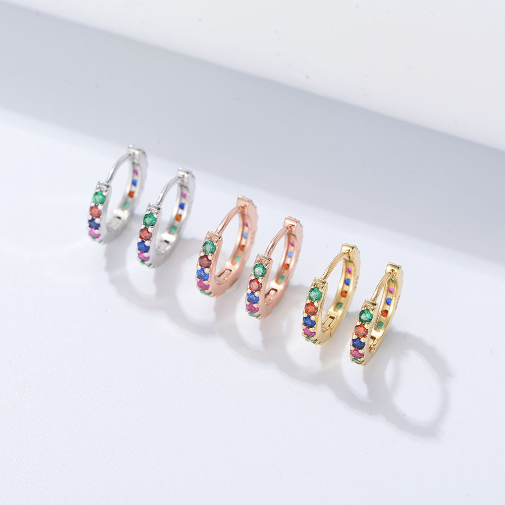 925 Sterling Silver Multicolor Colourful Hoop Huggies Earrings