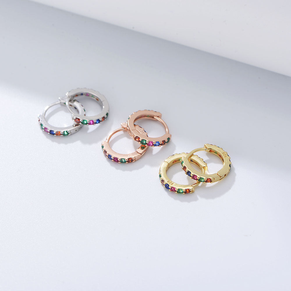 925 Sterling Silver Multicolor Colourful Hoop Huggies Earrings