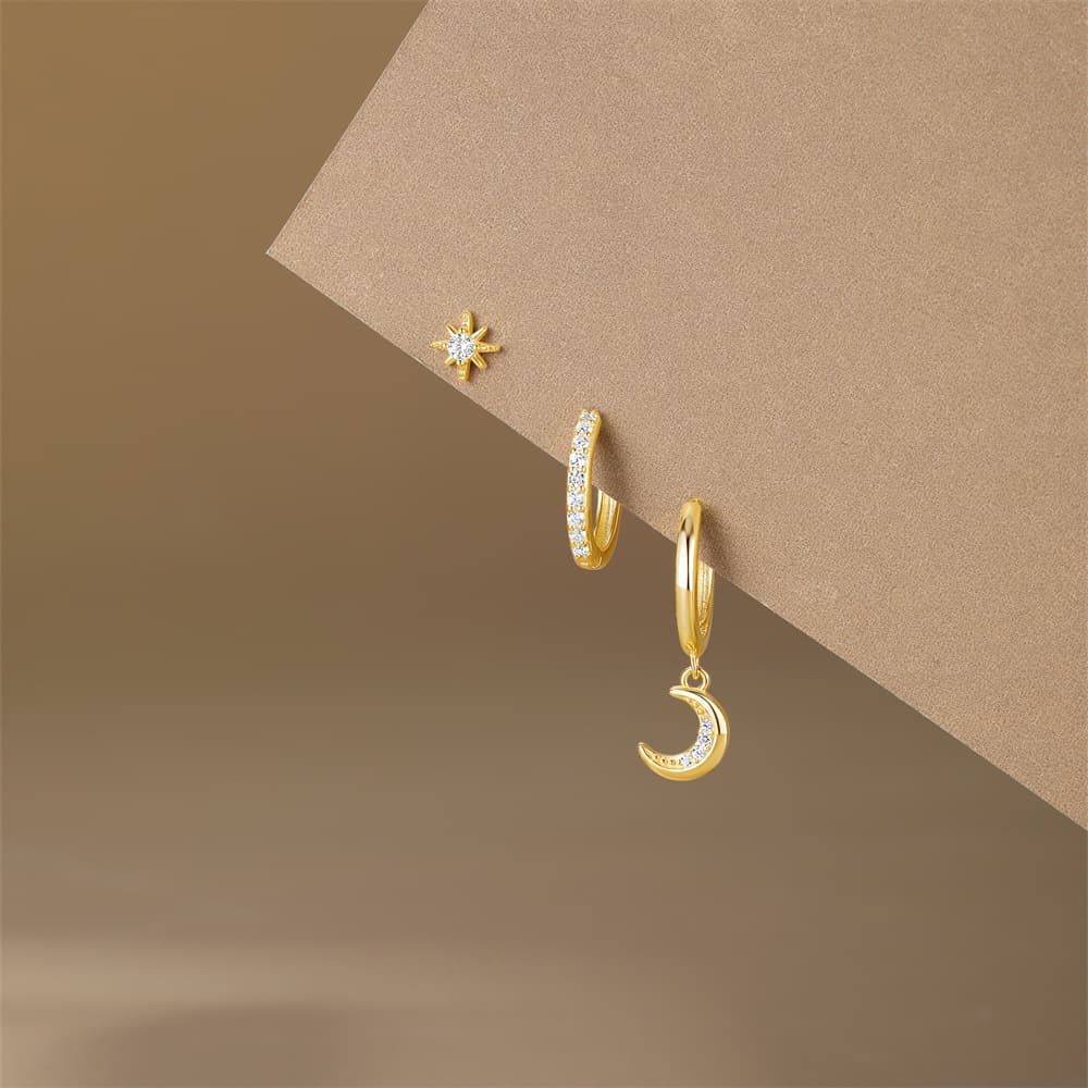 S925 Star & Moon Pendant Hoop Earring Set