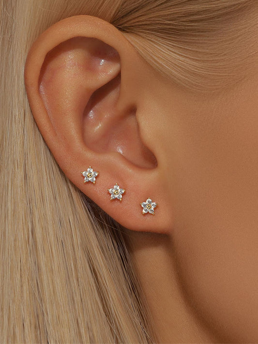 S925 Five-petal Flower Zircon Piercing Stud Earrings Jewelry Set