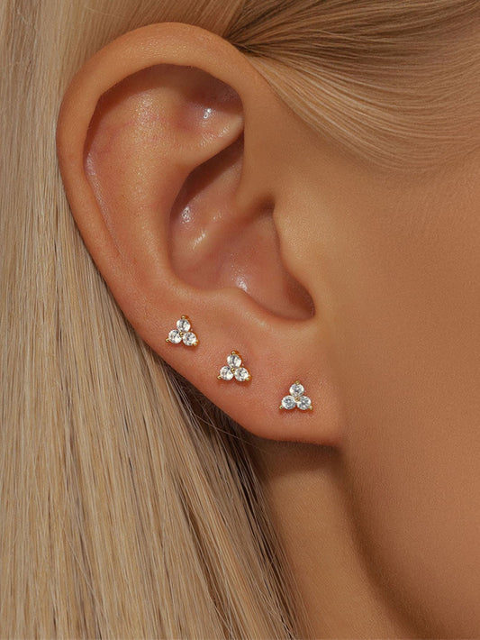 S925 Floral Zircon Flat Back Piercing Stud Earrings Jewelry Set