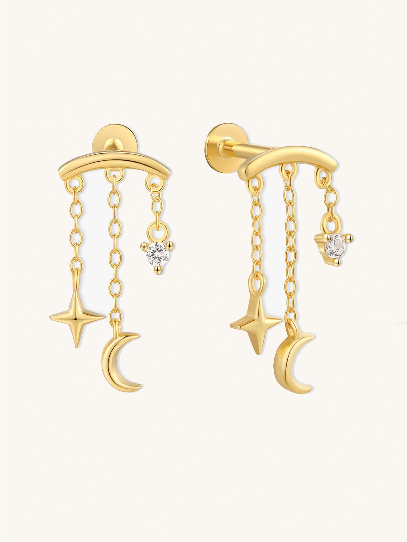 S925 Moon Star Tassel Zircon Ear Piercing Stud