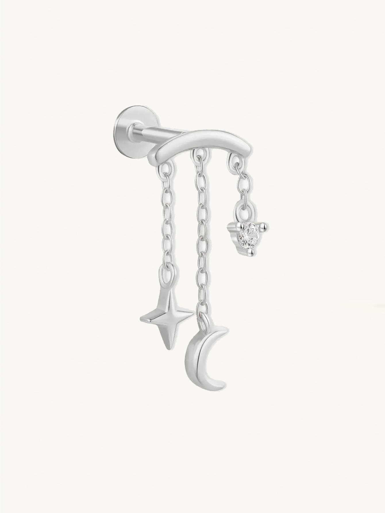 S925 Moon Star Tassel Zircon Ear Piercing Stud
