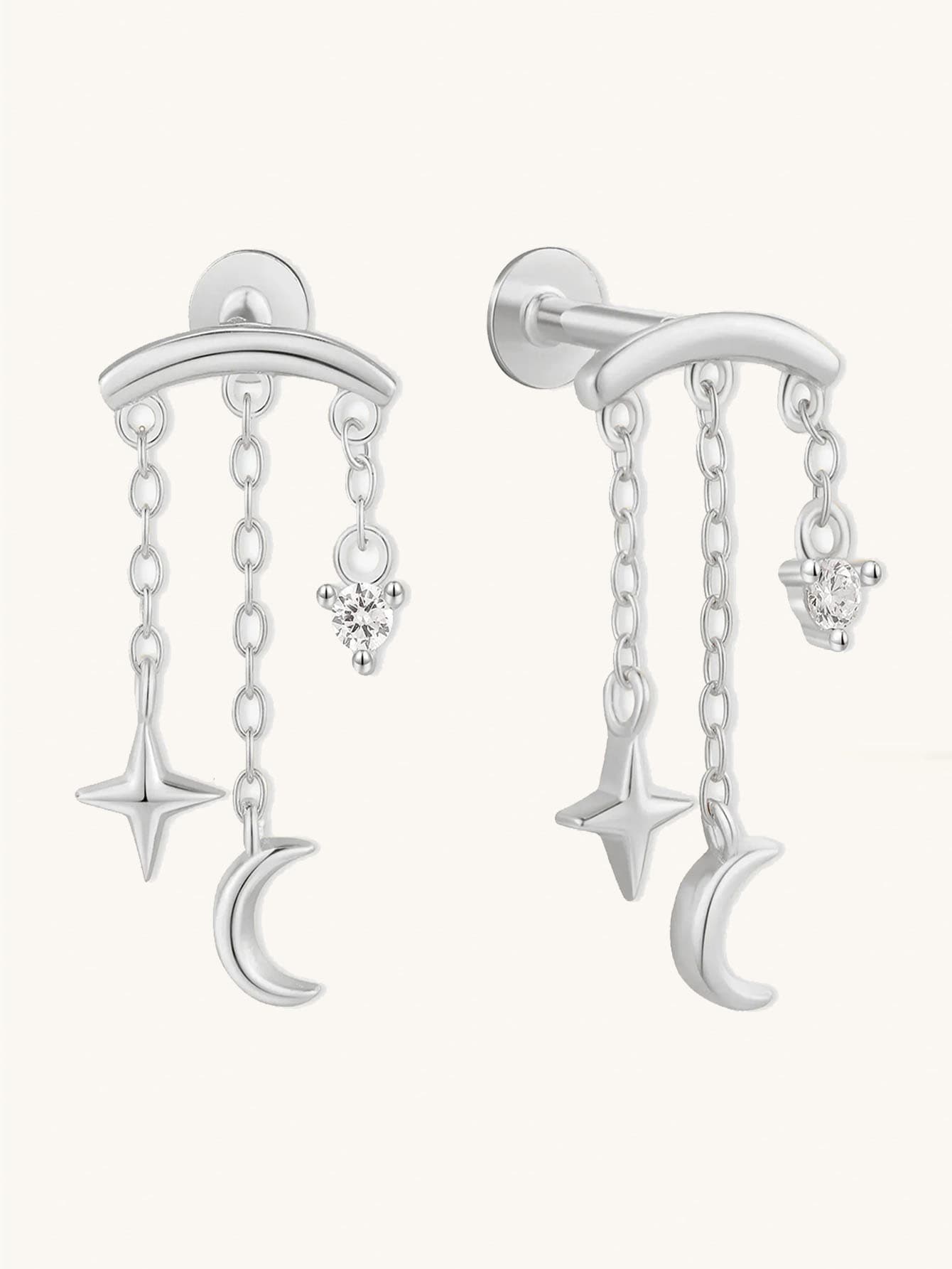 S925 Moon Star Tassel Zircon Ear Piercing Stud