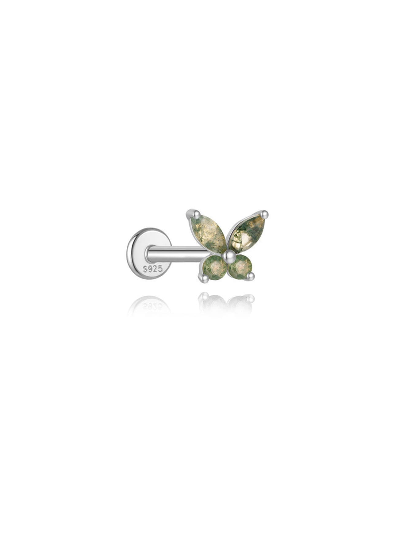 S925 Moss Agate Butterfly Flatback Piercing Stud