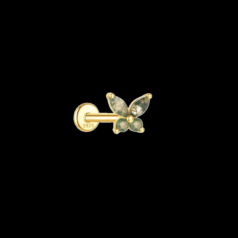 S925 Moss Agate Butterfly Flatback Piercing Stud