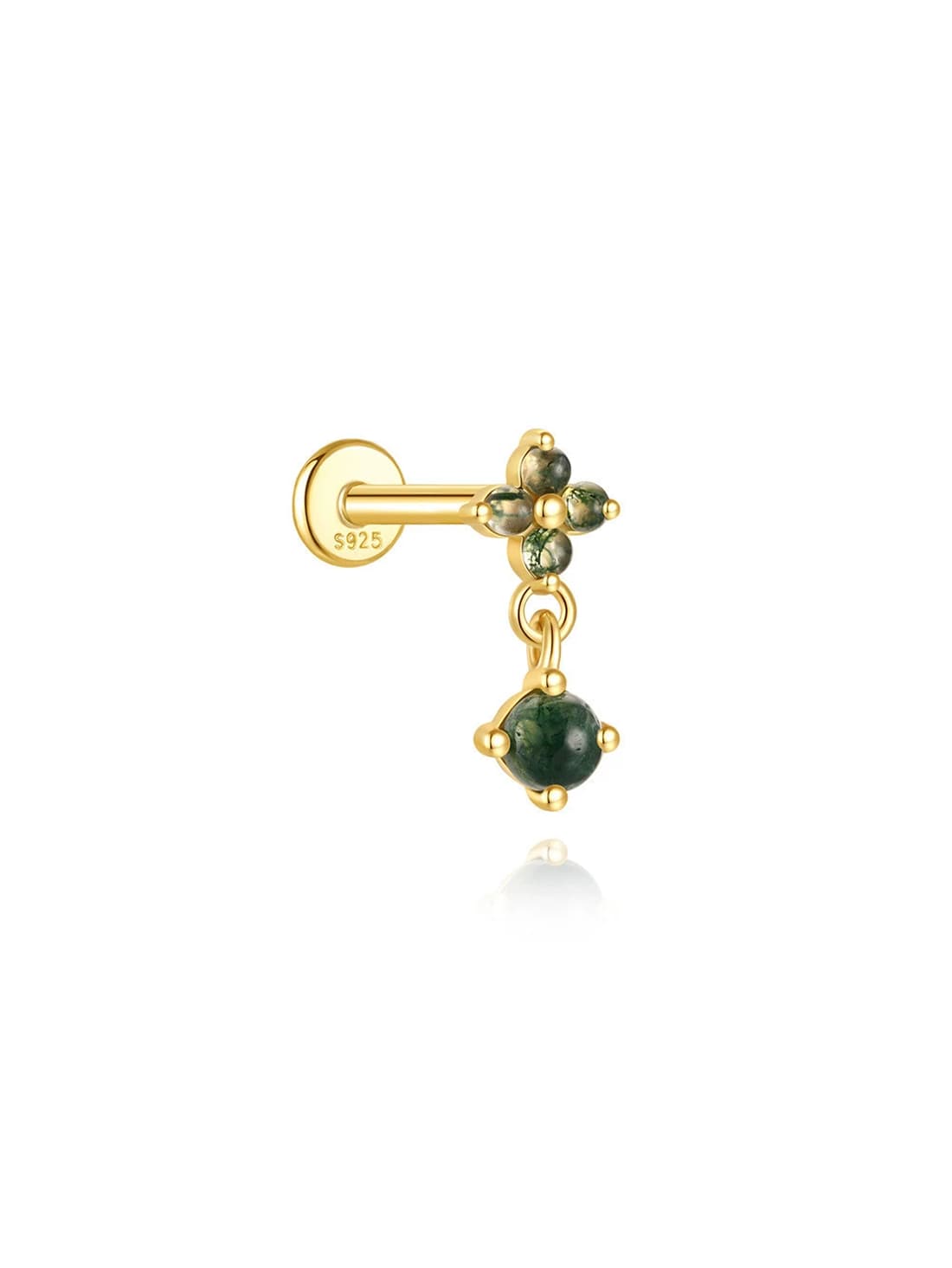 S925 Moss Agate Four-Leaf Clover Round Pendant Flatback Piercing Stud