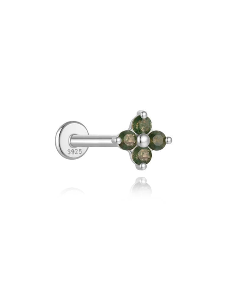 S925 Moss Agate Four-leaf clover Flatback Piercing Stud