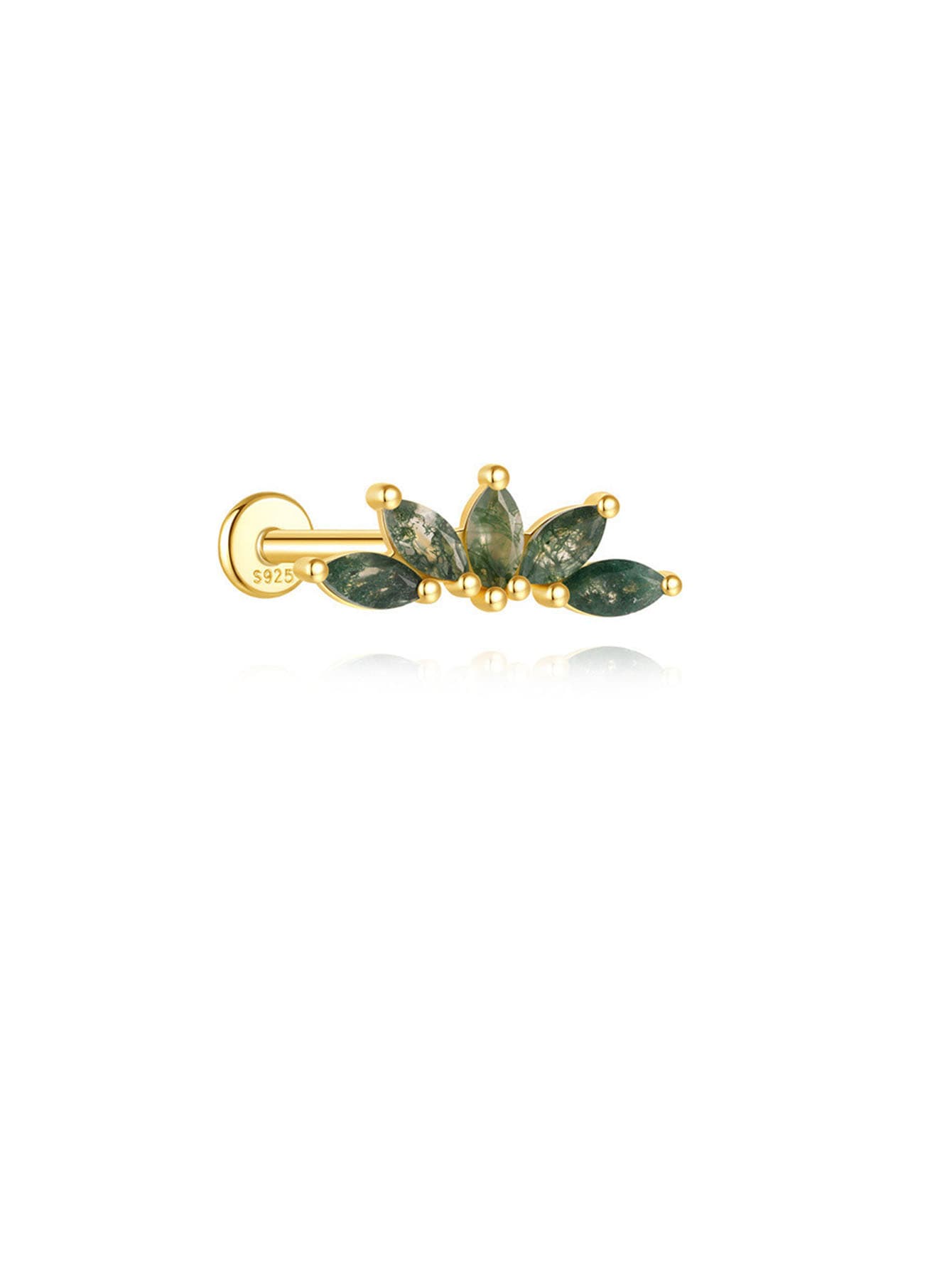 S925 Moss Agate Minimalist Leaf Flatback Piercing Stud