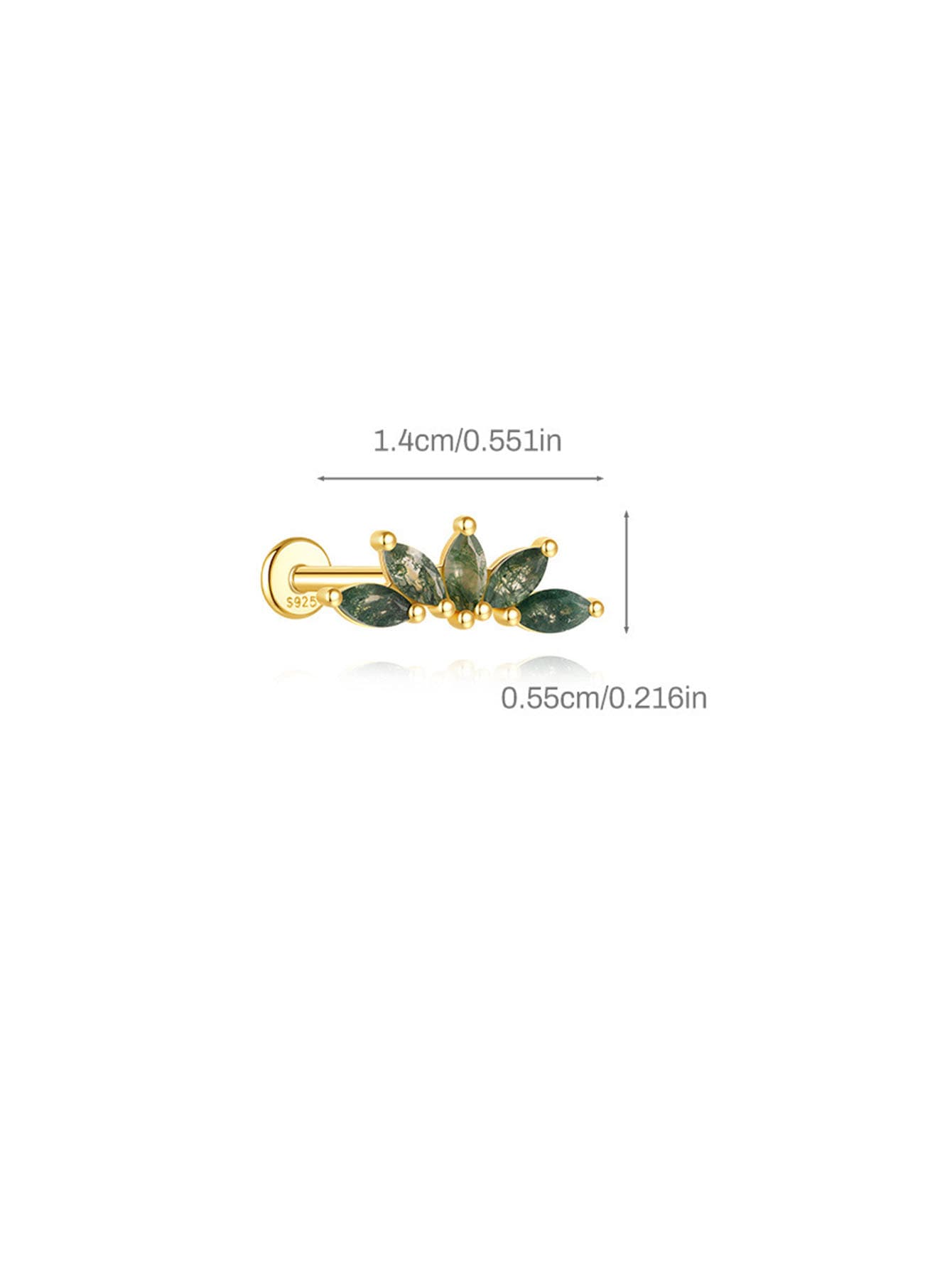 S925 Moss Agate Minimalist Leaf Flatback Piercing Stud