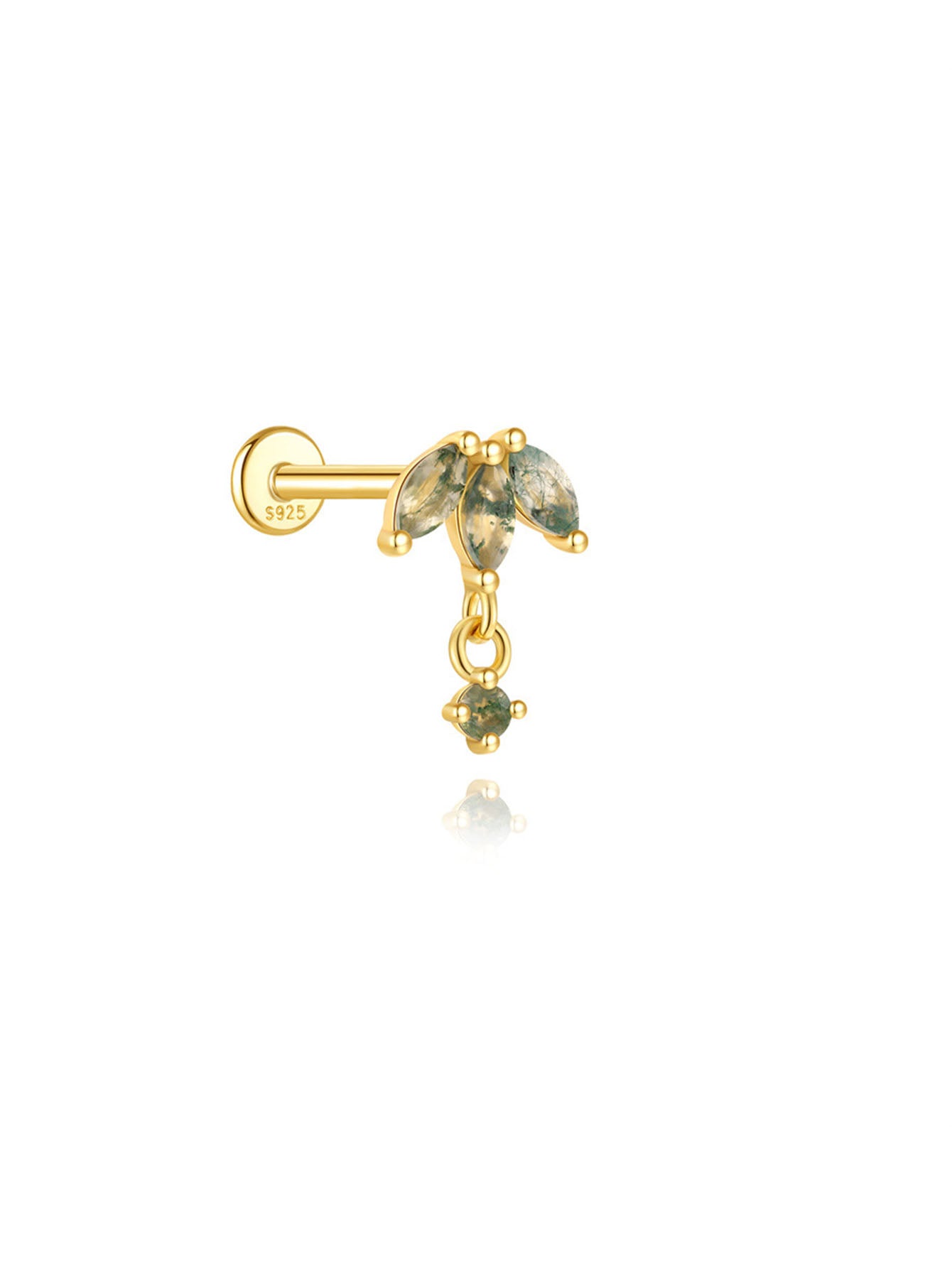 S925 Moss Agate Shamrock Pendant Flatback Stud Piercing Earrings