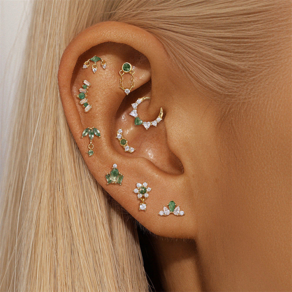 S925 Moss Agate Shamrock Pendant Flatback Stud Piercing Earrings