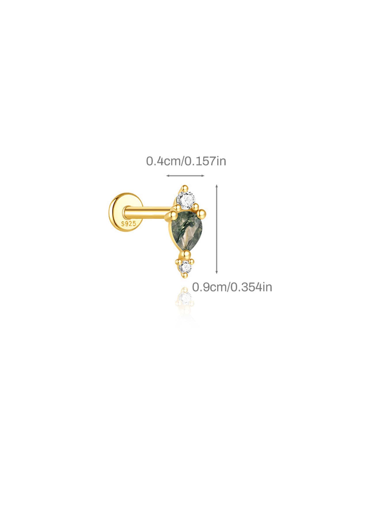 S925 Moss Agate Zirconia Flat Back Studs Earrings