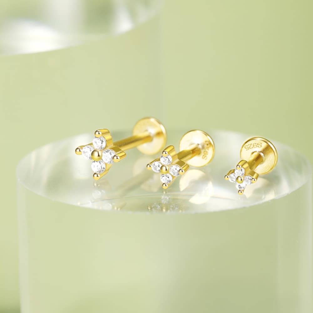 S925 Sterling Silver 3pcs Floral Zircon Flat Back Piercing Studs