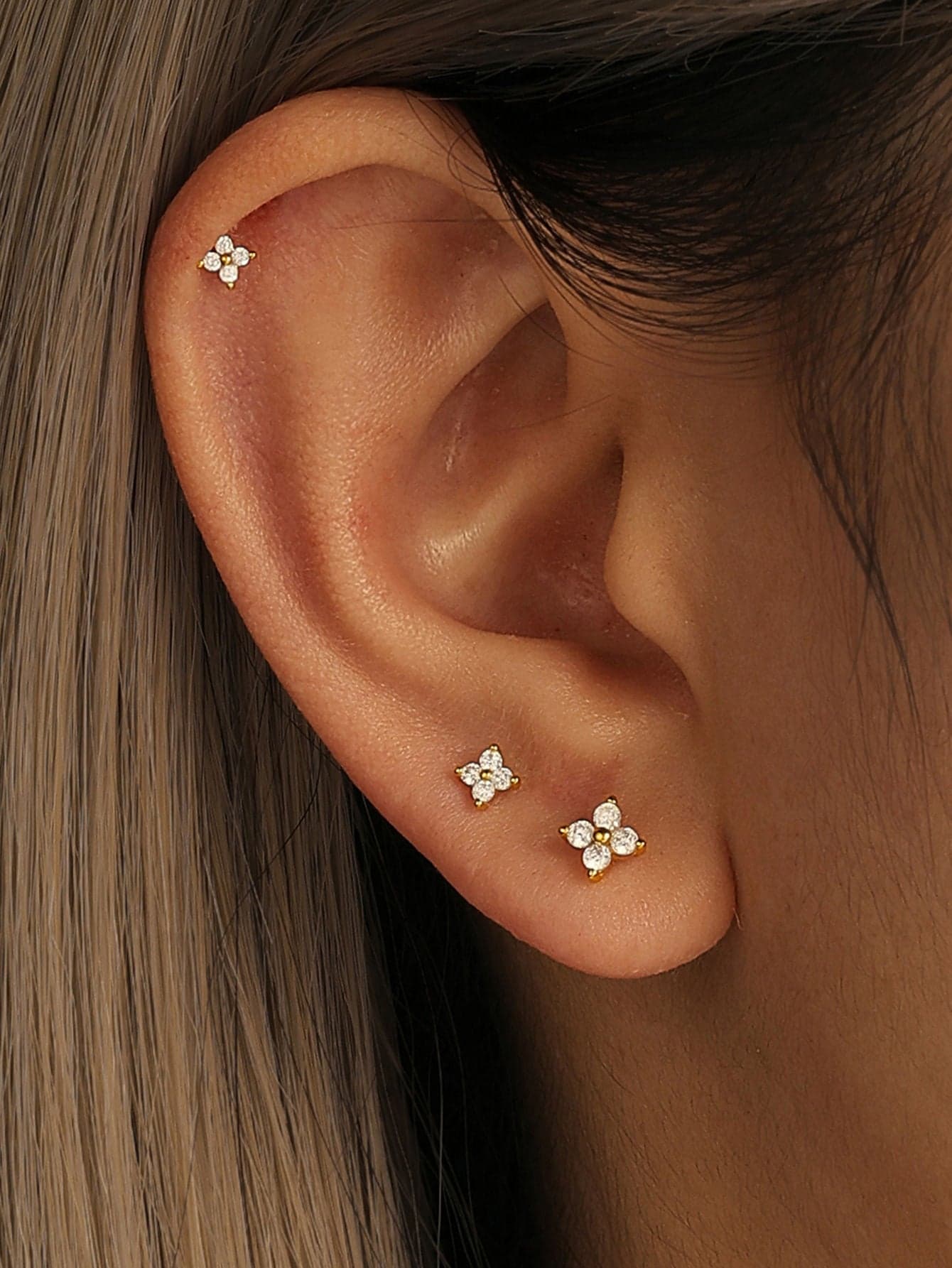 S925 Sterling Silver 3pcs Floral Zircon Flat Back Piercing Studs