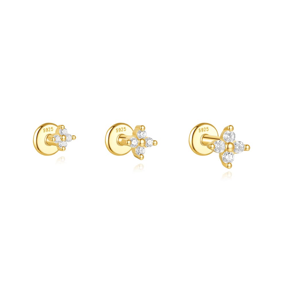 S925 Sterling Silver 3pcs Floral Zircon Flat Back Piercing Studs