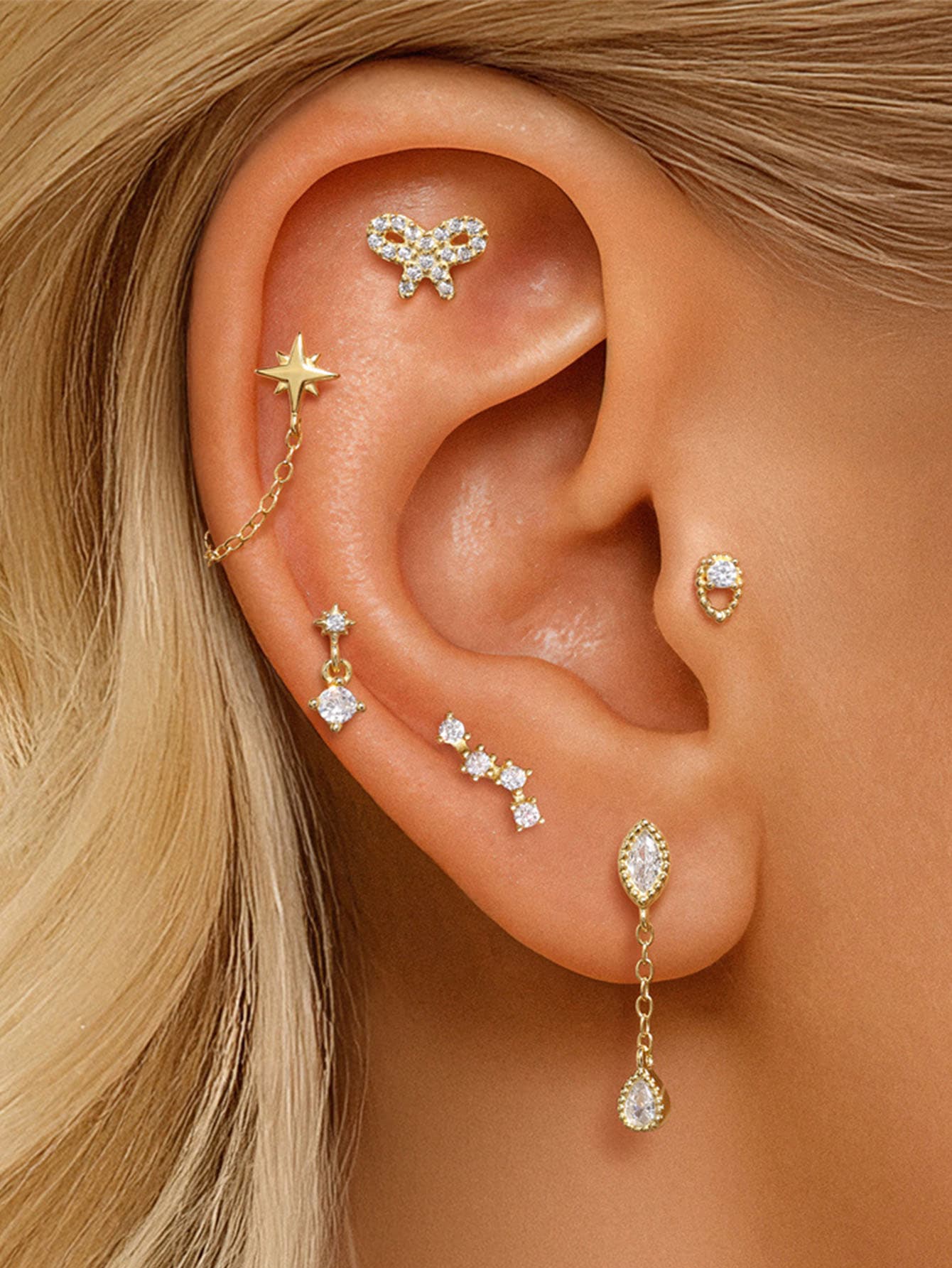 S925 Sterling Silver Butterfly & Star Flatback Threaded Piercing Stud