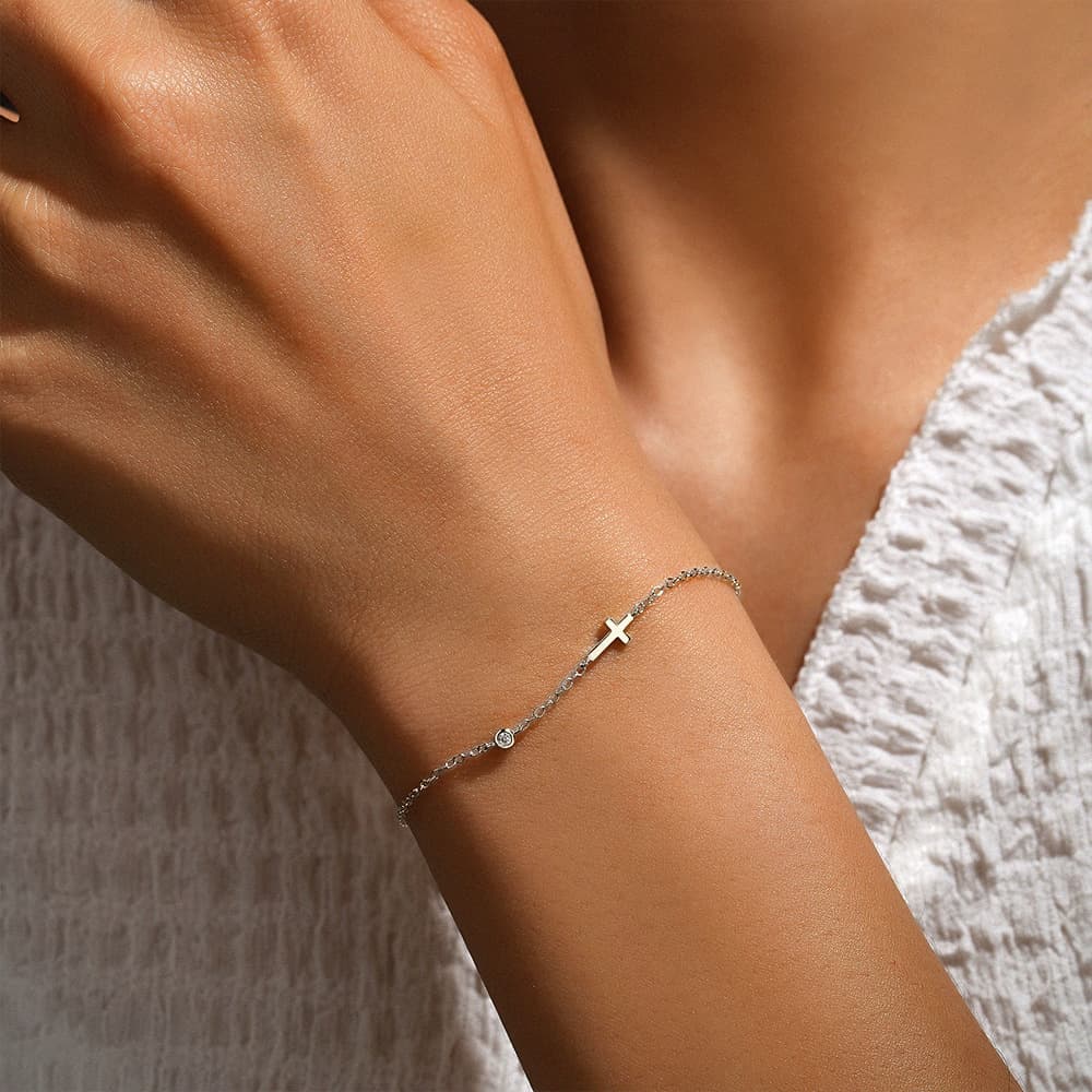 S925 Sterling Silver Cross Single CZ Women's Bracelet