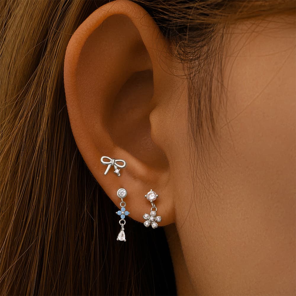 S925 Sterling Silver Floral Bow Piercing Stud Earring