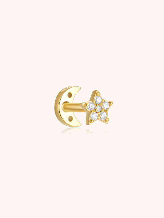 S925 Sterling Silver Star and Moon Zircons Reversible Piercing Stud