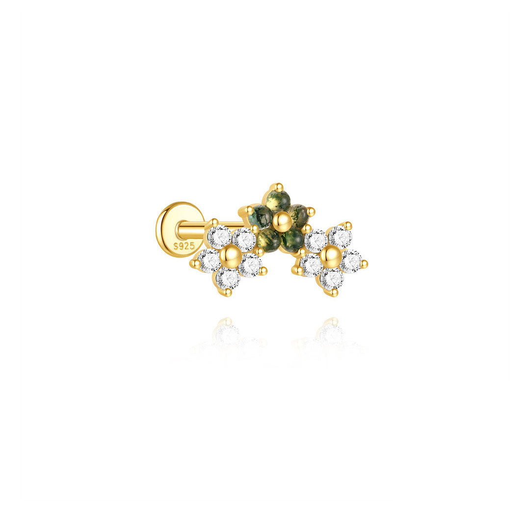 S925 Moss Agate Flower Flatback Stud Piercing Earring
