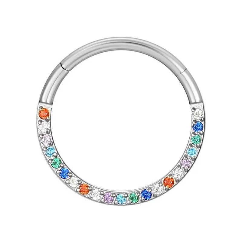 G23 Titanium Waterproof Rainbow 5A CZ Clicker Hoop for Daith & Septum Piercings