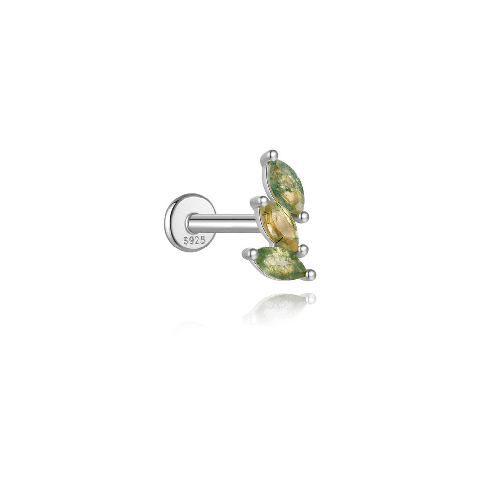 S925 Natural Moss Agate Leaf Shape FlatBack Stud Earrings