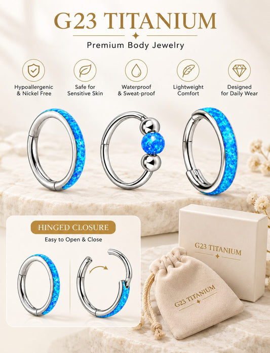 LUXRA G23 titanium blue opal 3-piece hoop set showing hypoallergenic features, hinged clicker closure and jewelry packaging.