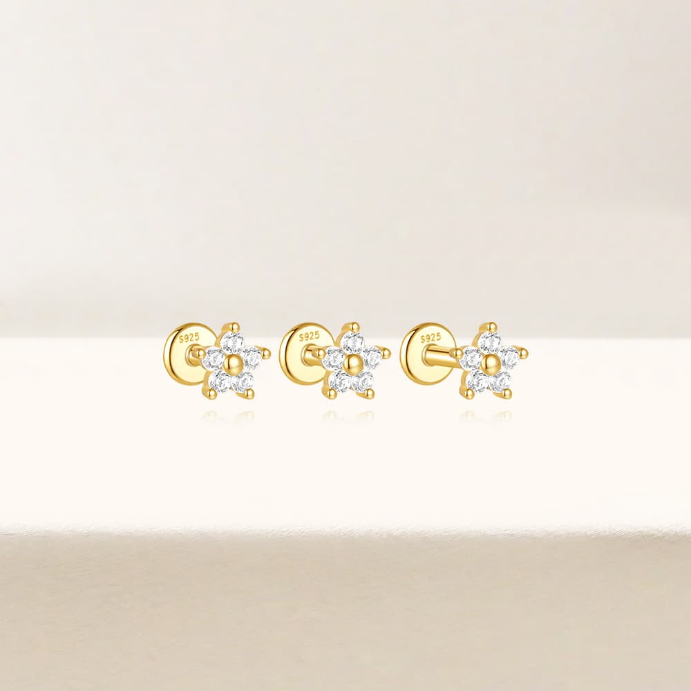S925 Five-petal Flower Zircon Piercing Stud Earrings Jewelry Set