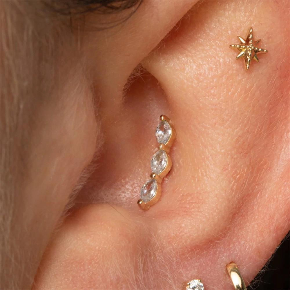 S925 Trio Zircon Ear Piercing Stud