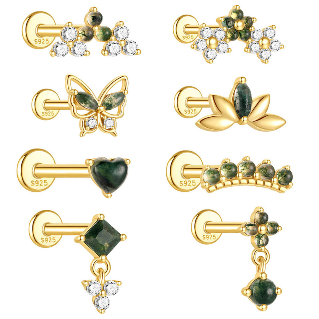 S925 Moss Agate Butterfly Flatback Stud Piercing Earrings Series