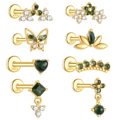 S925 Moss Agate Butterfly Flatback Stud Piercing Earrings Series
