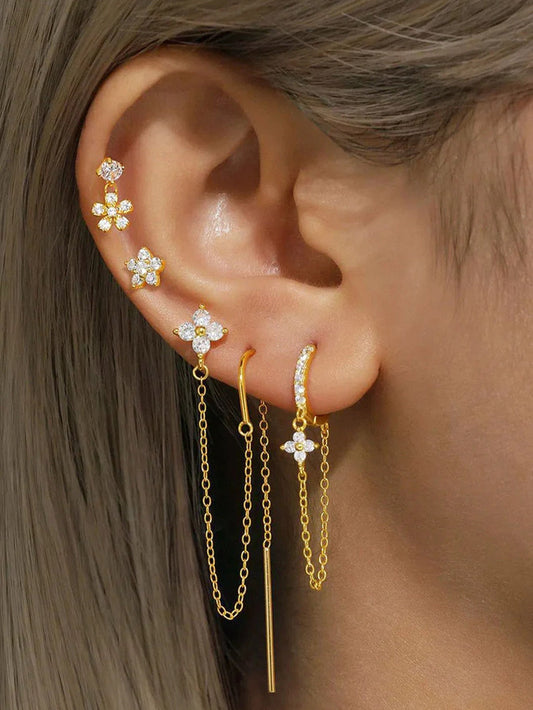925 Sterling Silver Chain Zirconia Stud & Hoop Earring Set