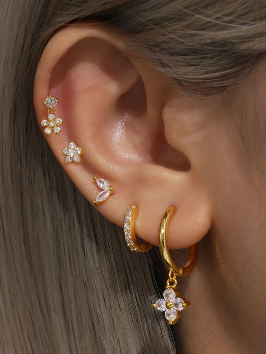 925 Sterling Silver Flower Zirconia Stud Earring Set