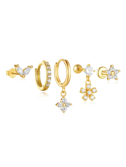 925 Sterling Silver Flower Zirconia Stud Earring Set